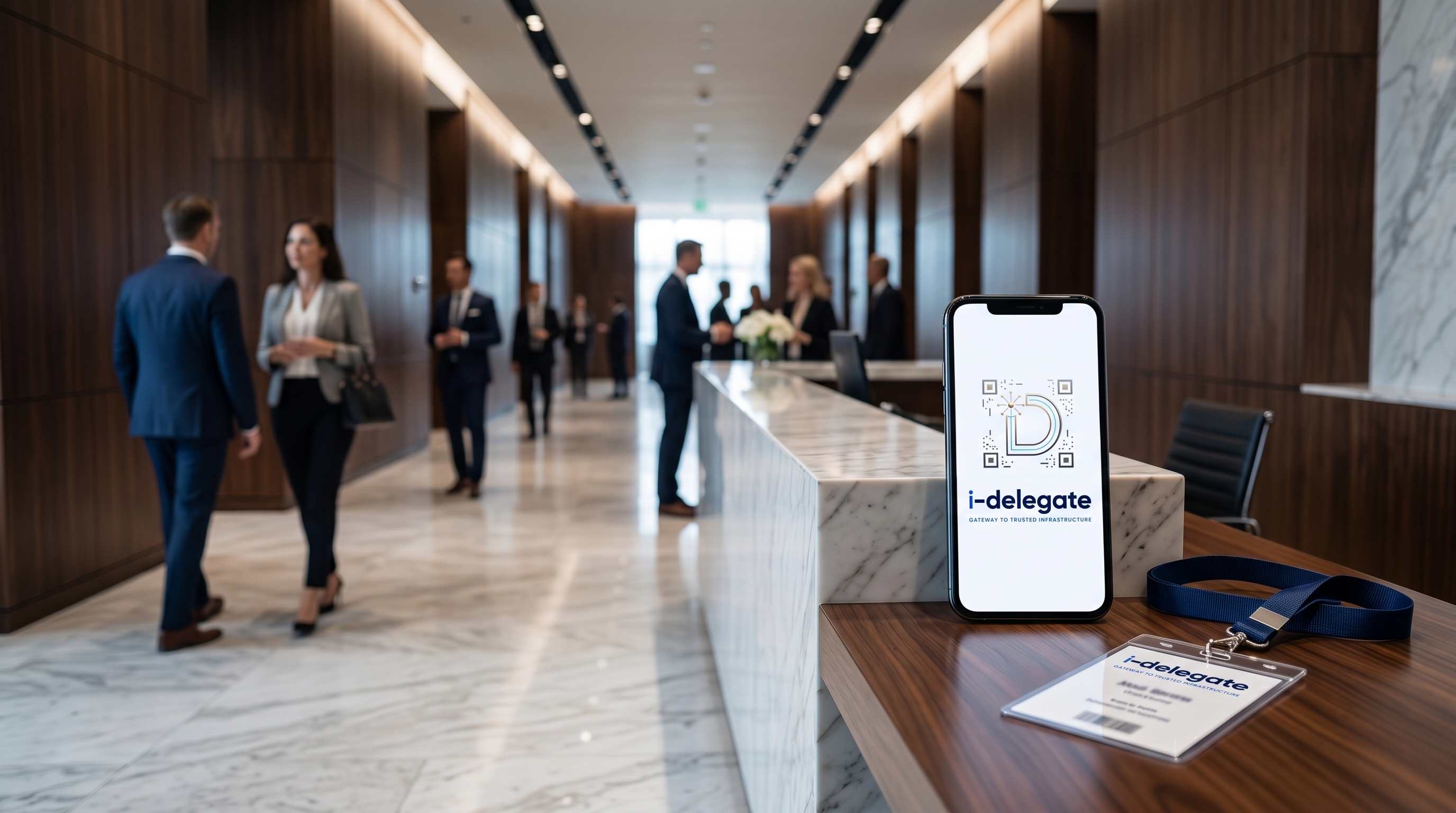 i-delegate on a phone with delegate badge at a RajISG summit